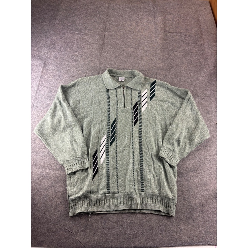 VTG Newtex Mens M Quarter Zip Sweater Green Geometric Academia Prep Distressed